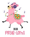 Pink funny llama dancing to the music, isolated on white background. Lettering No problama. Royalty Free Stock Photo