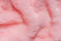 Pink fur texture top view. Coral fluffy fabric coat background.Winter fashion color trends feminine flat lay female blog