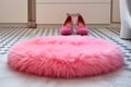 pink furry slippers on a round fluffy white bathroom mat