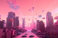 pink futuristic cityscape with flying cars, hoverboards, and holographic billboards