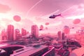 pink futuristic cityscape with flying cars, hoverboards, and holographic billboards