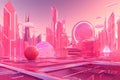 pink futuristic cityscape with flying cars, hoverboards, and holographic billboards