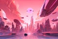 pink futuristic cityscape with flying cars, hoverboards, and holographic billboards