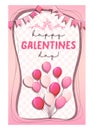 Pink Galentines day greeting card. Balloons and flags on checkered texture.