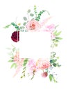 Pink garden roses, ranunculus, carnation, allium, dahlia flowers vector design frame