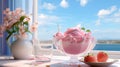 a pink gelato on a glass platter in front of a window, with a strawberry