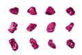 Pink gem stones white background isolated close up, raw gemstones, mineral samples, amethyst, sapphire, topaz, spinel, tourmaline