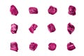 Pink gem stones white background isolated close up, raw gemstones, mineral samples, amethyst, sapphire, topaz, spinel, tourmaline Royalty Free Stock Photo