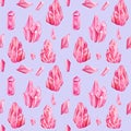Pink gemstone crystals. Watercolor Seamless pattern with multicolored gems.