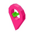 Pink geolocation symbol with check mark inside circle