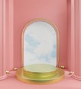 Pink geometric background walkway can be used for commercial advertising blue sky behind the door, golden podium copy space Royalty Free Stock Photo