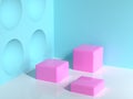 Pink geometric shape blue wall corner white floor abstract minimal scene square/cube blank podium 3d render
