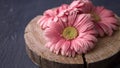 Pink gerbera daisy flowers on sawed wood abowe concrete backgrounds Royalty Free Stock Photo