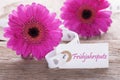 Pink Gerbera, Label, Fruehjahrsputz Means Spring Cleaning