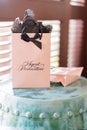 Pink gift bag on the blue table Royalty Free Stock Photo