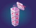 Pink gift box with a bow, open lid and hearts inside. Vector isolated cartoon gift for lover for valentines day. Royalty Free Stock Photo