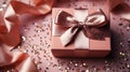 Pink gift box with bow on pink background with hearts and glitters. AI