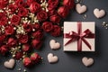 Pink gift box with burgundy ribbon and bow and red roses with hearts on a dark background. Valentine\'s Day Holiday Card Royalty Free Stock Photo