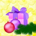 Pink gift box with Christmas toys and a branch on a yellow background