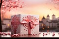 Pink gift box with pink hearts and pink bow on the background of the city