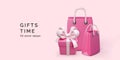 Pink gift box and paper bag. 3d pink shop bag and gift box with ribbon Royalty Free Stock Photo