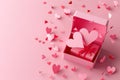 Pink gift box with paper hearts on a pink background. Mother's Day, Valentine's Day decoration.