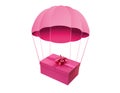 Pink gift box with parachute flying on background