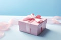 Pink gift box with pink bow isolated on blue background, New year and Valentine present promotion offer concept. Generative AI