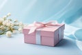 Pink gift box with ribbon bow and flower on blue background, Mothers day and Valentine present promotion offer concept. Generative