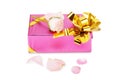 Pink gift box with rose flower isolated on white Royalty Free Stock Photo