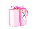 Pink gift box with thank you mom tag on white
