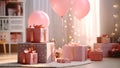 Pink gift boxes, balloons standing on floor for kid birthday celebration on children room background. Presents surprise giftbox in Royalty Free Stock Photo