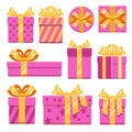 Pink gift boxes with ribbon bows vector icons set