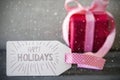 Pink Gift, Calligraphy, Text Happy Holidays, Snowflakes