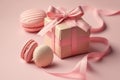 Pink gift tied with rosy ribbon and macaron macaroon cookie on light pink background. Ai generated