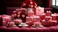 pink gifts with satin ribbons, fresh roses in shades of pink and red, sweets on plates, and a cup Royalty Free Stock Photo