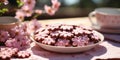 Pink gingerbread cookies or chocolate cookies cookies in the shape of a flowers. Pink bakery advertisement banner