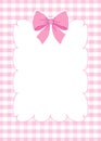 Pink gingham background with a large white scalloped frame topped by pink ribbon bow. Royalty Free Stock Photo