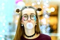 Pink: Girl Blowing Big Bubble with Copyspace Royalty Free Stock Photo