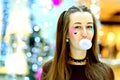 Pink: Girl Blowing Big Bubble with Copyspace Royalty Free Stock Photo
