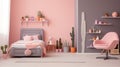 Pink girl room interior with a single bed, shelves, grey armchair cactus shaped pillow generative ai Royalty Free Stock Photo