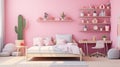 Pink girl room interior with a single bed, shelves, grey armchair cactus shaped pillow generative ai Royalty Free Stock Photo