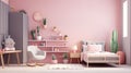 Pink girl room interior with a single bed, shelves, grey armchair cactus shaped pillow generative ai Royalty Free Stock Photo