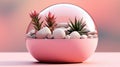 A pink glass egg with rocks and succulents, AI