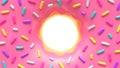 Pink glazed donut with colorful sprinkles and place for your content