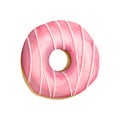 Pink glazed donut watercolor illustration isolated on white background. Delicious round doughnut with topping clipart