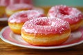 Pink glazed donuts on plate. Generative AI