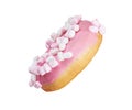 Pink glazed round donut with marshmallow sprinkles on white. Side view Royalty Free Stock Photo