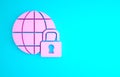 Pink Global lockdown - locked globe icon isolated on blue background. Minimalism concept. 3d illustration 3D render Royalty Free Stock Photo