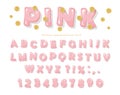 Pink glossy font. ABC letters and numbers for girls. Gold glitter confetti.